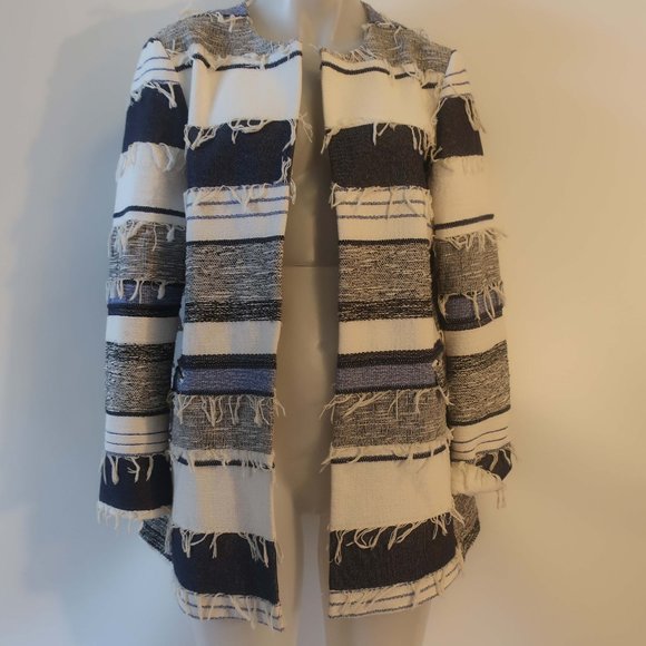Womens Zara Basic Rustic Blue White Fringe Open Mid-Length Jacket L * - Picture 5 of 13